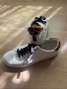 j crew white and leopard leather womens tennis shoes size 12